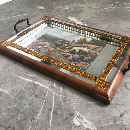 ART DECO MIRRORED GLASS TRAY WITH WALNUT VENEER - ADDITIONAL PHOTO 2