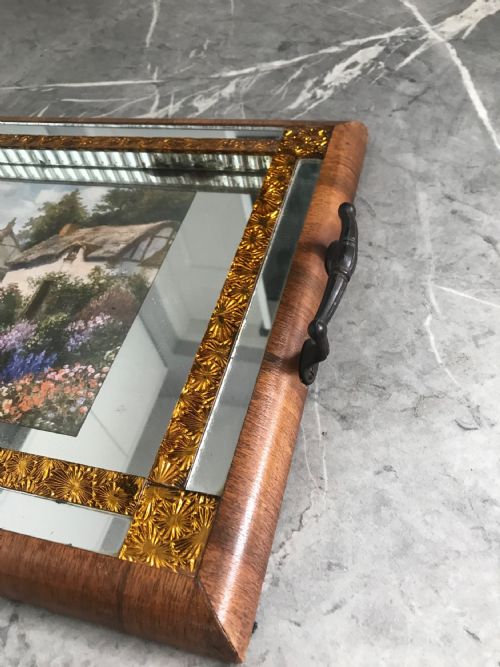 ART DECO MIRRORED GLASS TRAY WITH WALNUT VENEER - ADDITIONAL PHOTO 3