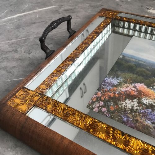 ART DECO MIRRORED GLASS TRAY WITH WALNUT VENEER - ADDITIONAL PHOTO 4