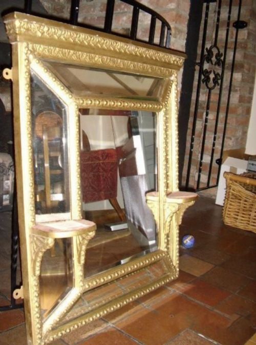 CUSHION MIRROR BEVEL CUT 19TH GLASS WITH ORNAMENT SHELVES
