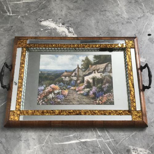 ART DECO MIRRORED GLASS TRAY WITH WALNUT VENEER