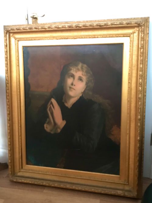 THE PENITENT MARY MAGDALENE 19TH RELIGIOUS PORTRAIT OLEOGRAPH ON CANVAS UNDER GLASS