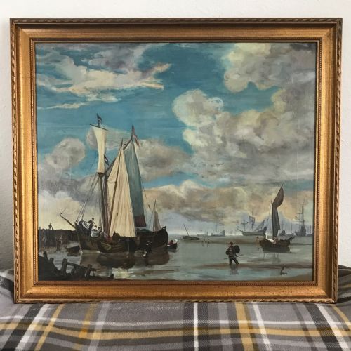 DUTCH MANNER SEASCAPE OIL PAINTING ON CANVAS SAILING SHIPS FISHING - ADDITIONAL PHOTO 3