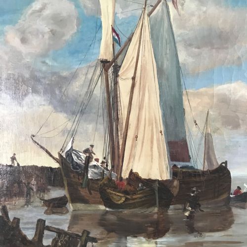 DUTCH MANNER SEASCAPE OIL PAINTING ON CANVAS SAILING SHIPS FISHING - ADDITIONAL PHOTO 2