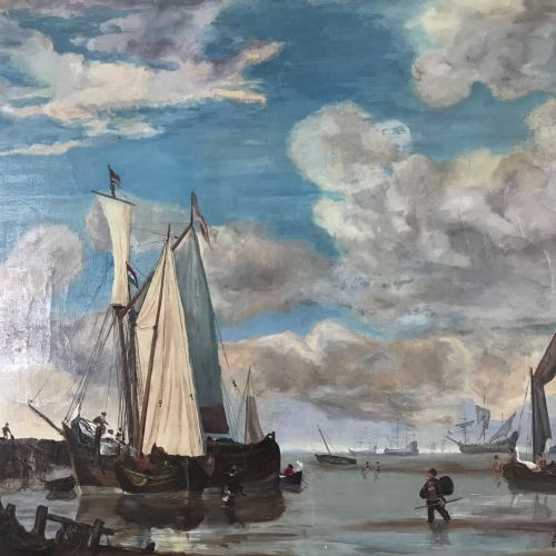 DUTCH MANNER SEASCAPE OIL PAINTING ON CANVAS SAILING SHIPS FISHING - ADDITIONAL PHOTO 4
