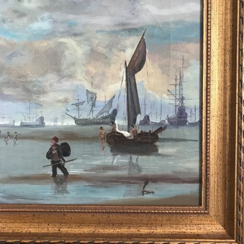 DUTCH MANNER SEASCAPE OIL PAINTING ON CANVAS SAILING SHIPS FISHING - ADDITIONAL PHOTO 5