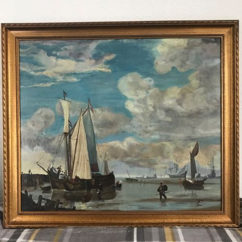 DUTCH MANNER SEASCAPE OIL PAINTING ON CANVAS SAILING SHIPS FISHING - ADDITIONAL PHOTO 8