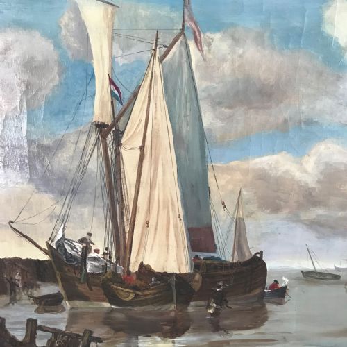DUTCH MANNER SEASCAPE OIL PAINTING ON CANVAS SAILING SHIPS FISHING - ADDITIONAL PHOTO 9