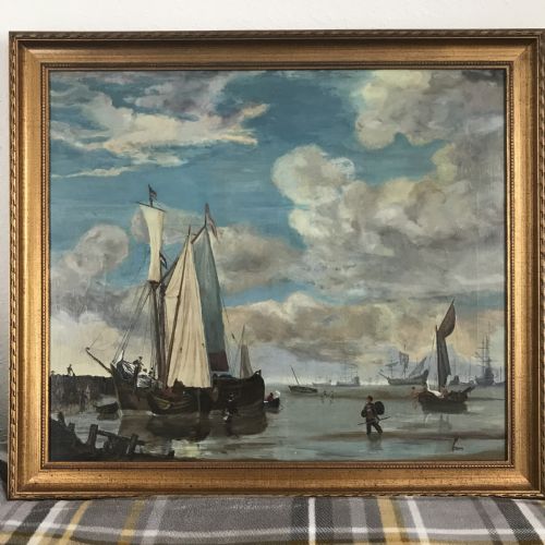 DUTCH MANNER SEASCAPE OIL PAINTING ON CANVAS SAILING SHIPS FISHING - ADDITIONAL PHOTO 1