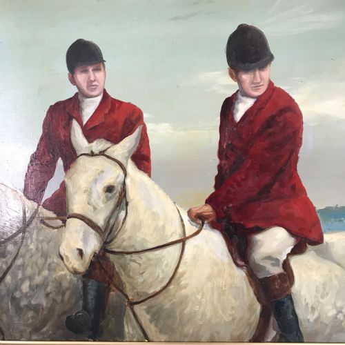 FOX HUNTING EQUESTRIAN OIL PAINTING GREY BAY HUNTER - ADDITIONAL PHOTO 2