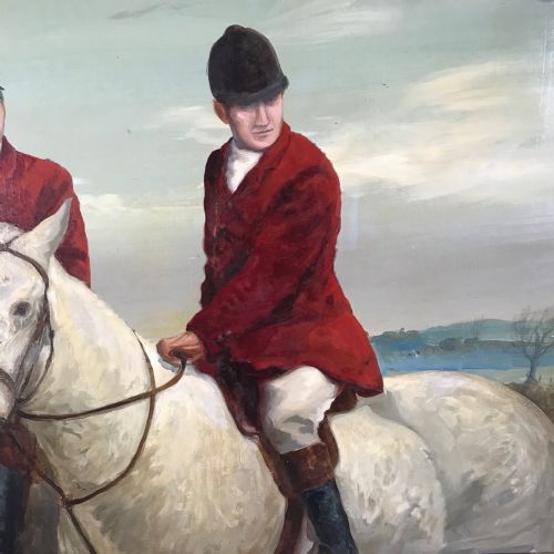 FOX HUNTING EQUESTRIAN OIL PAINTING GREY BAY HUNTER - ADDITIONAL PHOTO 5