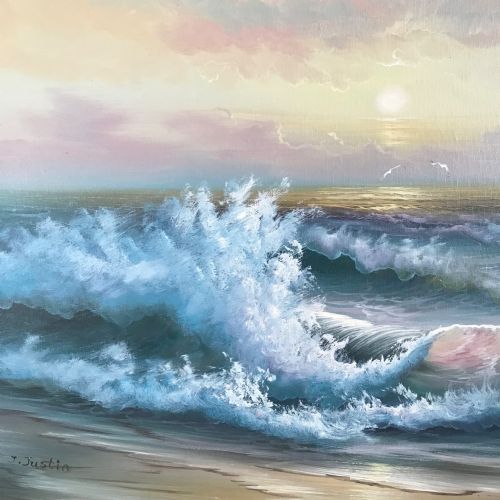 SEASCAPE OIL PAINTING OF WAVES ALONG SEASHORE COASTLINE AT SUNSET - ADDITIONAL PHOTO 2