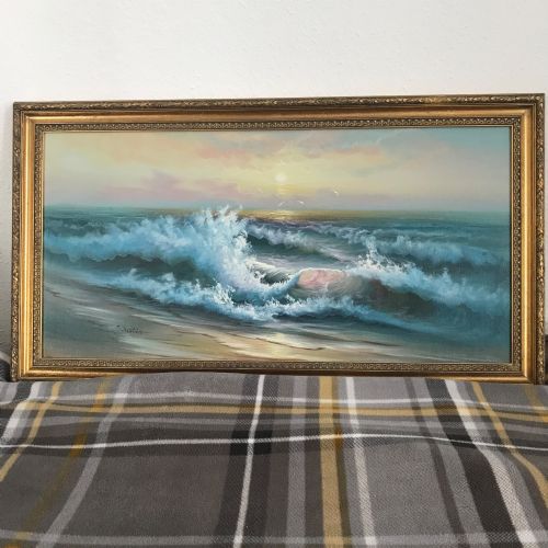 SEASCAPE OIL PAINTING OF WAVES ALONG SEASHORE COASTLINE AT SUNSET - ADDITIONAL PHOTO 3