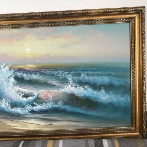 SEASCAPE OIL PAINTING OF WAVES ALONG SEASHORE COASTLINE AT SUNSET - ADDITIONAL PHOTO 6