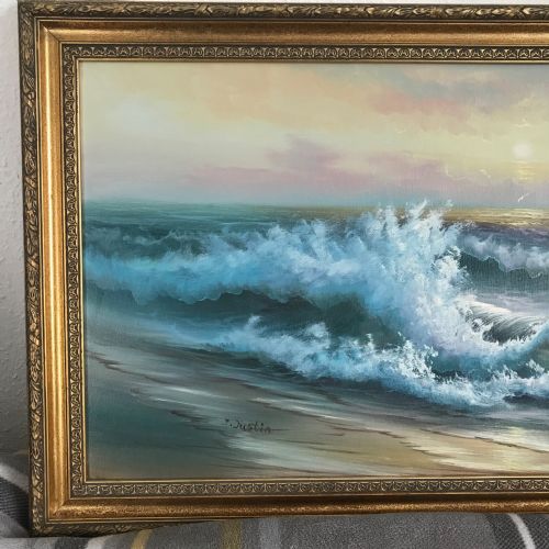 SEASCAPE OIL PAINTING OF WAVES ALONG SEASHORE COASTLINE AT SUNSET - ADDITIONAL PHOTO 4
