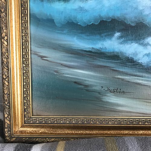 SEASCAPE OIL PAINTING OF WAVES ALONG SEASHORE COASTLINE AT SUNSET - ADDITIONAL PHOTO 5