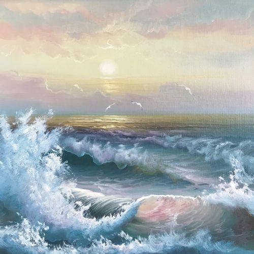 SEASCAPE OIL PAINTING OF WAVES ALONG SEASHORE COASTLINE AT SUNSET - ADDITIONAL PHOTO 7