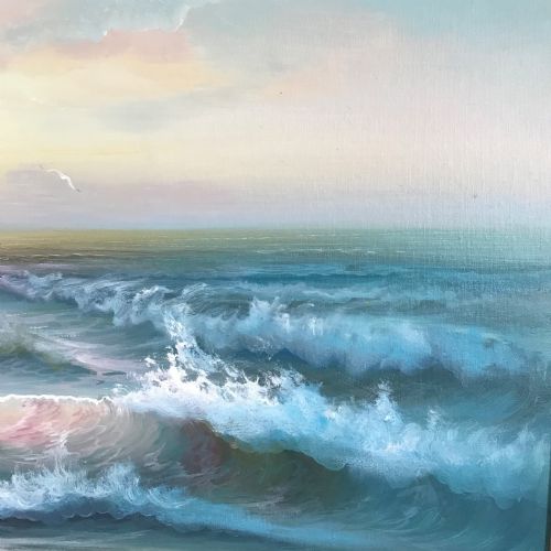SEASCAPE OIL PAINTING OF WAVES ALONG SEASHORE COASTLINE AT SUNSET - ADDITIONAL PHOTO 8