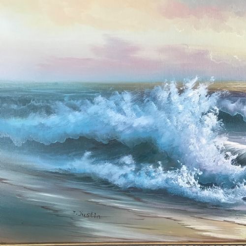 SEASCAPE OIL PAINTING OF WAVES ALONG SEASHORE COASTLINE AT SUNSET - ADDITIONAL PHOTO 9