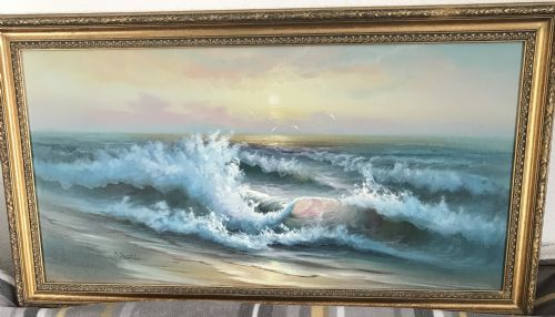 SEASCAPE OIL PAINTING OF WAVES ALONG SEASHORE COASTLINE AT SUNSET
