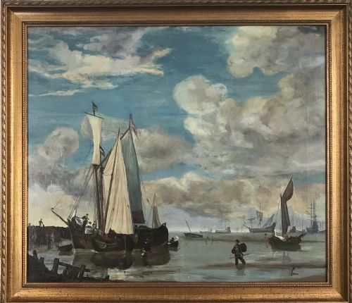 dutch manner seascape oil painting on canvas sailing ships fishing - CATEGORY: ANTIQUE ART - DATED 1920