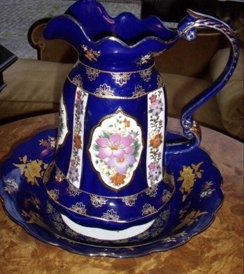 PORCELAIN JUG BOWL SET COLBALT BLUE GLAZE WITH FLOWER DESIGN