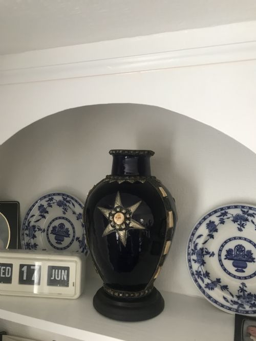 MOROCCAN TERRACOTTA COBALT BLUE GLAZED VASE SILVER CABOCHONS MOUNTS - ADDITIONAL PHOTO 11