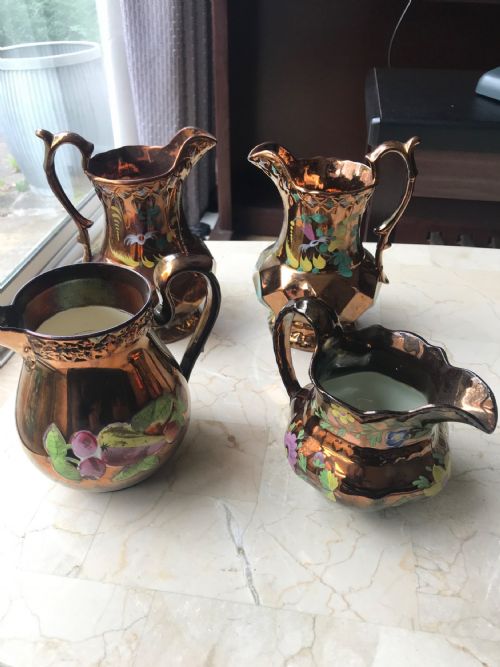 VICTORIAN STAFFORDSHIRE COPPER LUSTRE JUGS CERAMIC PORCELAIN MILK WATER JUGS HAND DECORATED WITH FRUIT