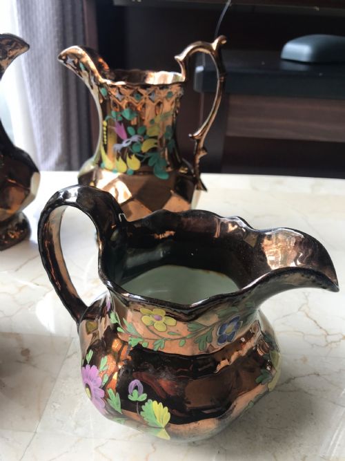 VICTORIAN STAFFORDSHIRE COPPER LUSTRE JUGS CERAMIC PORCELAIN MILK WATER JUGS HAND DECORATED WITH FRUIT - ADDITIONAL PHOTO 1