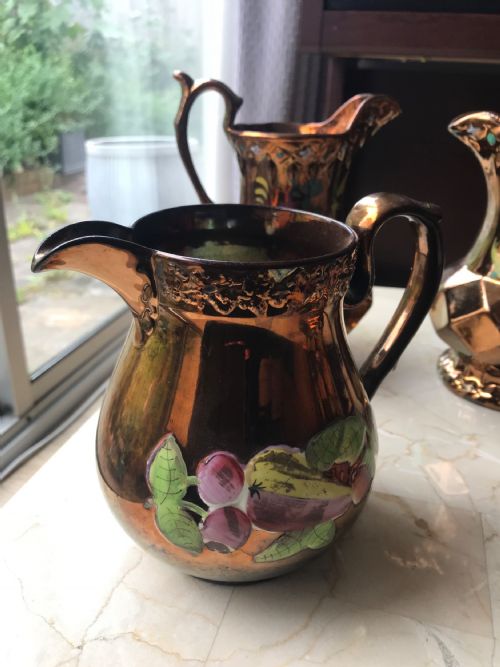 VICTORIAN STAFFORDSHIRE COPPER LUSTRE JUGS CERAMIC PORCELAIN MILK WATER JUGS HAND DECORATED WITH FRUIT - ADDITIONAL PHOTO 2