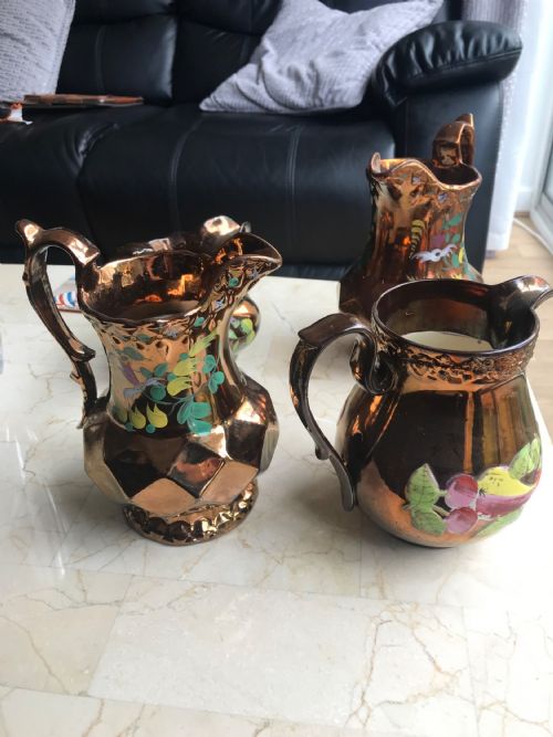 VICTORIAN STAFFORDSHIRE COPPER LUSTRE JUGS CERAMIC PORCELAIN MILK WATER JUGS HAND DECORATED WITH FRUIT - ADDITIONAL PHOTO 3