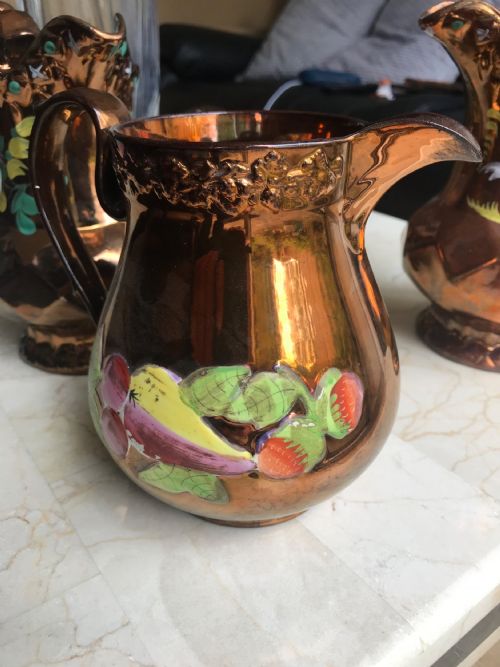 VICTORIAN STAFFORDSHIRE COPPER LUSTRE JUGS CERAMIC PORCELAIN MILK WATER JUGS HAND DECORATED WITH FRUIT - ADDITIONAL PHOTO 4