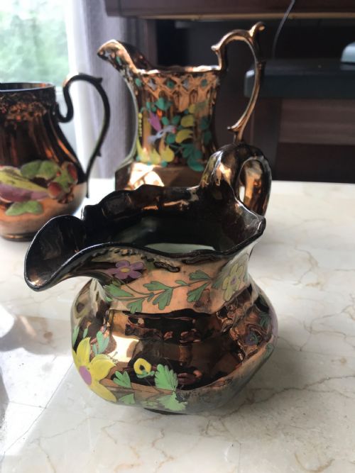 VICTORIAN STAFFORDSHIRE COPPER LUSTRE JUGS CERAMIC PORCELAIN MILK WATER JUGS HAND DECORATED WITH FRUIT - ADDITIONAL PHOTO 5