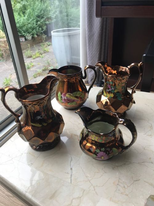 VICTORIAN STAFFORDSHIRE COPPER LUSTRE JUGS CERAMIC PORCELAIN MILK WATER JUGS HAND DECORATED WITH FRUIT - ADDITIONAL PHOTO 6