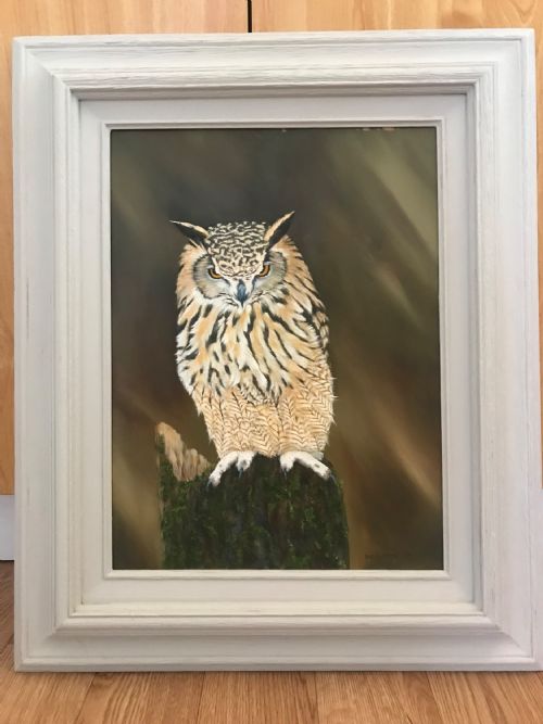TAWNY OWL OIL PAINTING ON PANEL BIRD PICTURES