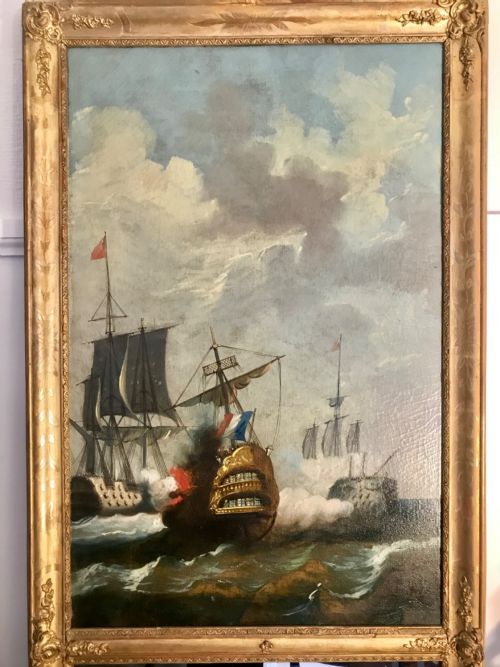 TRUMEAU FRENCH MIRROR WITH SEASCAPE OIL PAINTING OF GALLEONS AT SEA - ADDITIONAL PHOTO 2
