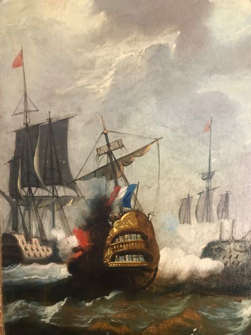 TRUMEAU FRENCH MIRROR WITH SEASCAPE OIL PAINTING OF GALLEONS AT SEA - ADDITIONAL PHOTO 3