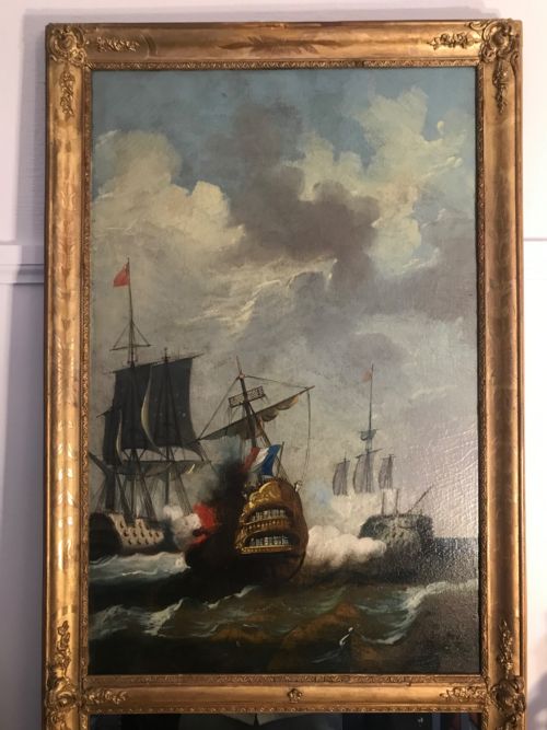 TRUMEAU FRENCH MIRROR WITH SEASCAPE OIL PAINTING OF GALLEONS AT SEA - ADDITIONAL PHOTO 4
