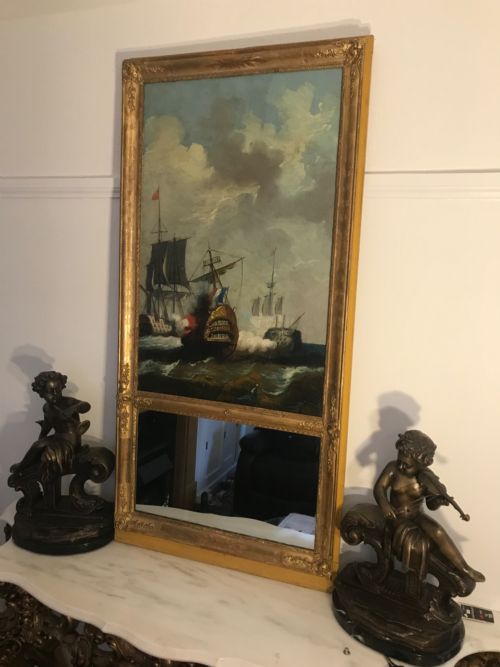 TRUMEAU FRENCH MIRROR WITH SEASCAPE OIL PAINTING OF GALLEONS AT SEA - ADDITIONAL PHOTO 9