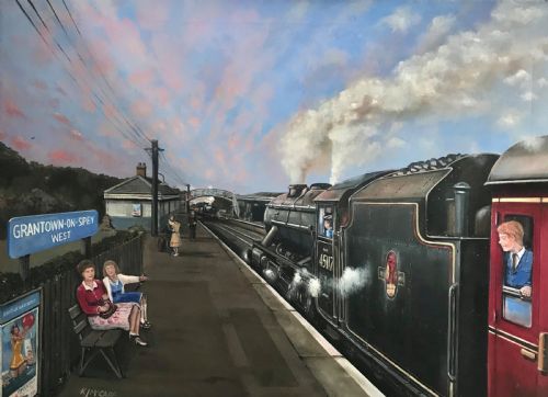 LOCOMOTIVE OIL PAINTING PLATFORM VIEW GRANTOWN ON SPEY WEST RAILWAY STATION - ADDITIONAL PHOTO 1