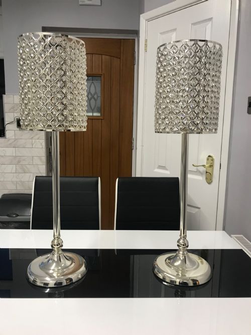 PAIR SILVER PLATED BOHEMIAN CRYSTAL TABLE CHANDELIERS