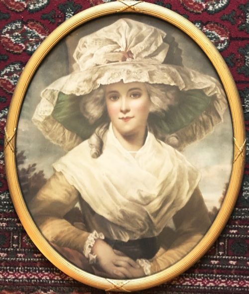 LARGE OVAL GLAZED PORTRAIT PRINT YOUNG LADY WEARING BONNET AFTER ORIGINAL 19TH OIL PAINTING