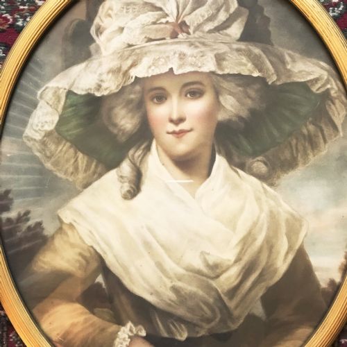 LARGE OVAL GLAZED PORTRAIT PRINT YOUNG LADY WEARING BONNET AFTER ORIGINAL 19TH OIL PAINTING - ADDITIONAL PHOTO 2