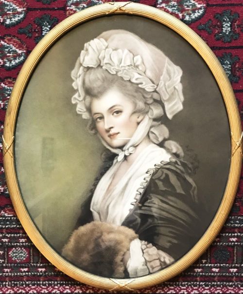 LARGE OVAL GLAZED PORTRAIT PRINT OF YOUNG LADY WEARING BONNET AFTER ORIGINAL 19TH OIL PAINTING