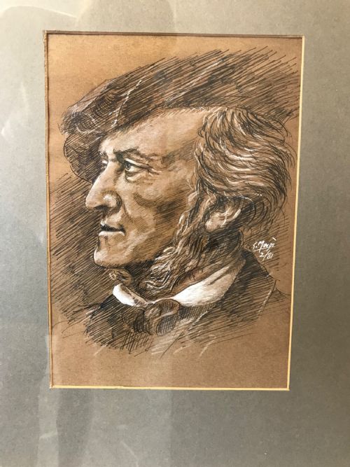PORTRAIT DRAWING MUSIC COMPOSER RICHARD WAGNER 18131883 GERMAN PEN INK GOUACHE PAINTINGS - ADDITIONAL PHOTO 1