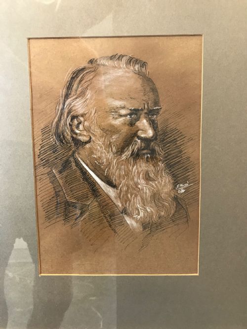 PORTRAIT DRAWING MUSIC COMPOSER JOHANNES BRAHMS 18331897 GERMAN PEN INK WASH GOUACHE PAINTING - ADDITIONAL PHOTO 2