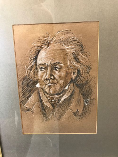PORTRAIT DRAWING MUSIC COMPOSER LUDWIG VAN BEETHOVEN 17701827 PEN INK WASH GOUACHE PAINTING - ADDITIONAL PHOTO 1
