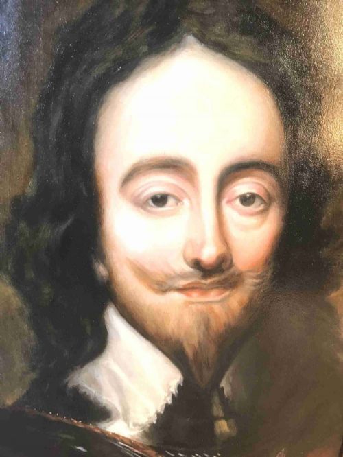 fig 1. A framed oil painting featuring a bust portrait of King Charles I with dark hair, a pointed beard, and a lace collar against a dark background.