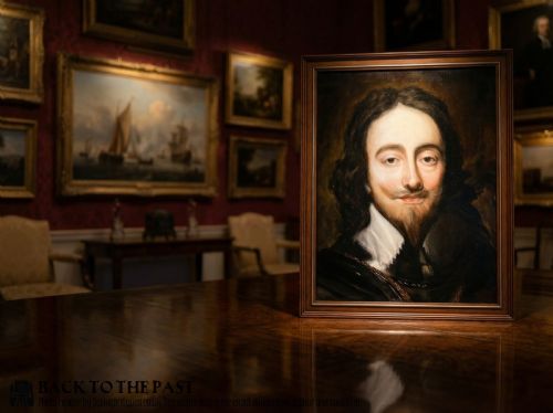 fig 3. A framed oil painting featuring a bust portrait of King Charles I with dark hair, a pointed beard, and a lace collar against a dark background.