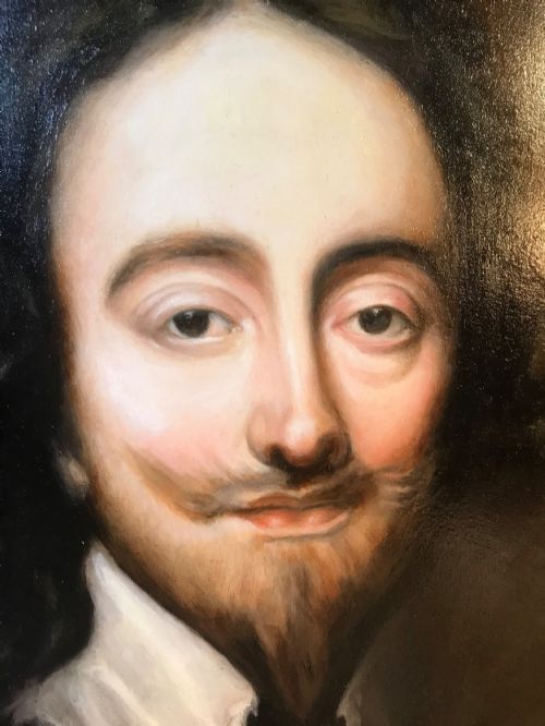 fig 4. A framed oil painting featuring a bust portrait of King Charles I with dark hair, a pointed beard, and a lace collar against a dark background.